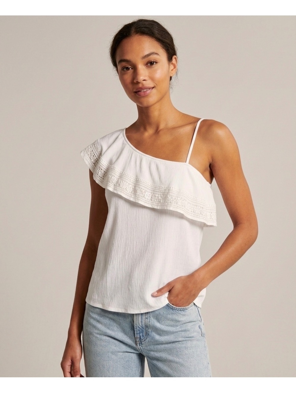 Abercrombie & Fitch White One Shoulder Ruffle Lace Trim Top Size S Boho Y2K